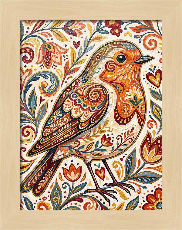 Colorful Robin With Floral Patterns