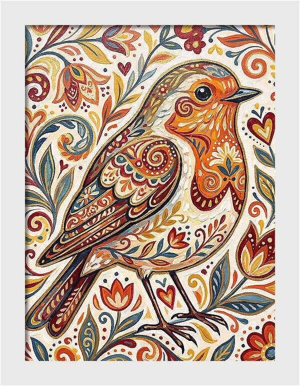 Colorful Robin With Floral Patterns