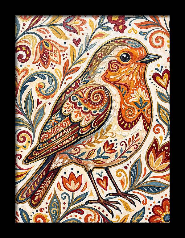 Colorful Robin With Floral Patterns
