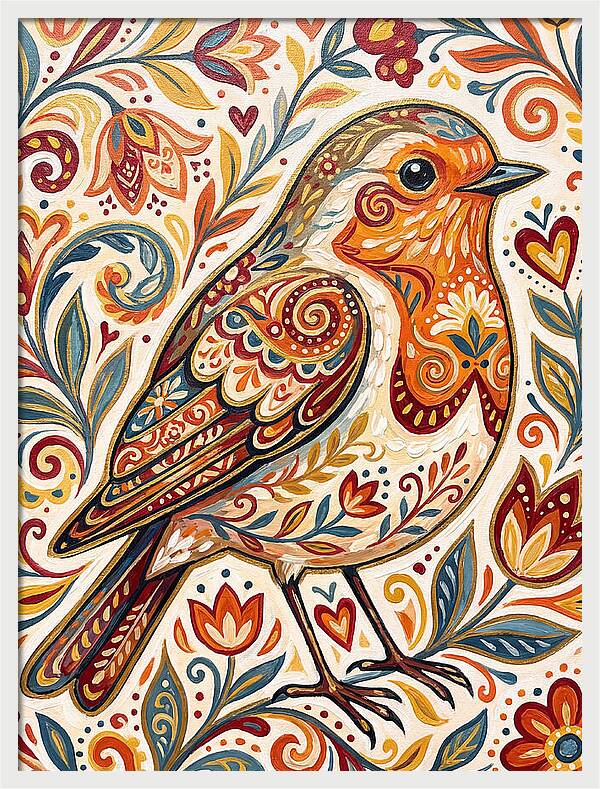 Colorful Robin With Floral Patterns