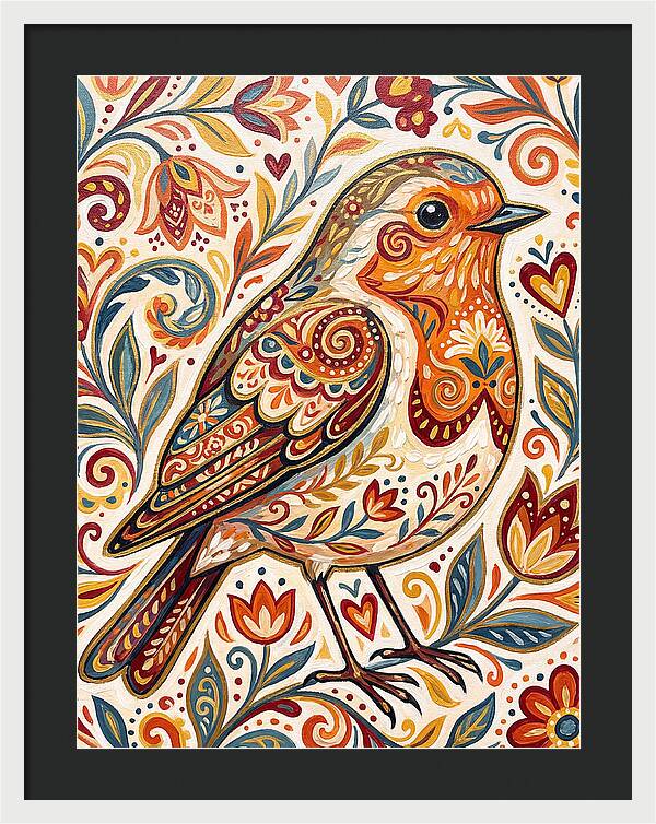 Colorful Robin With Floral Patterns