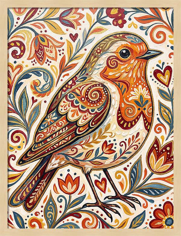 Colorful Robin With Floral Patterns