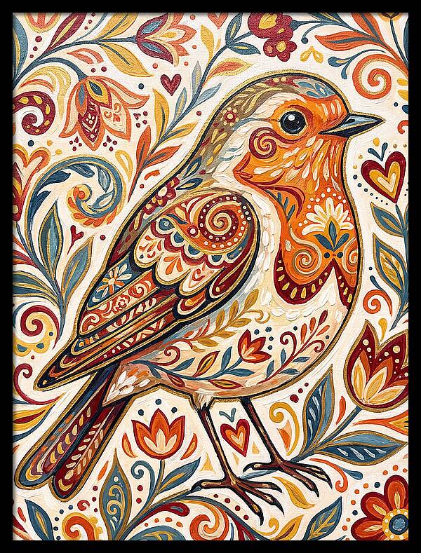 Colorful Robin With Floral Patterns
