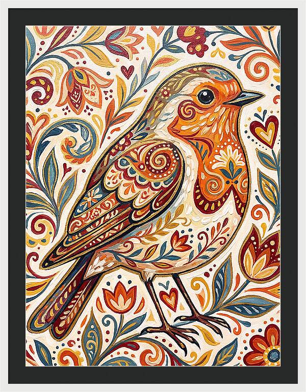 Colorful Robin With Floral Patterns