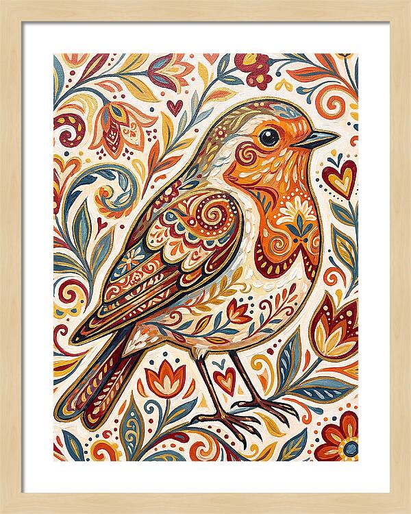 Colorful Robin With Floral Patterns