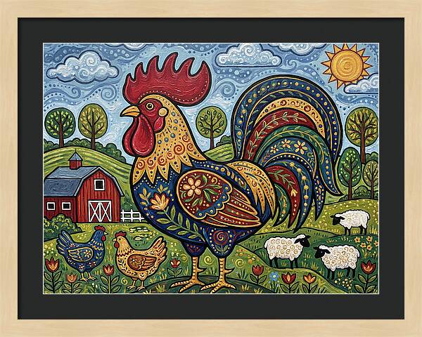 Colorful Rooster In A Pastoral Scene