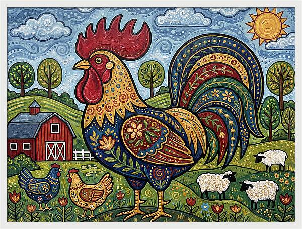 Colorful Rooster In A Pastoral Scene