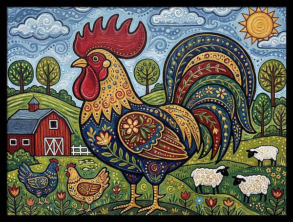 Colorful Rooster In A Pastoral Scene
