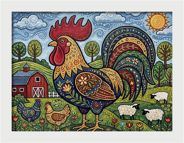 Colorful Rooster In A Pastoral Scene