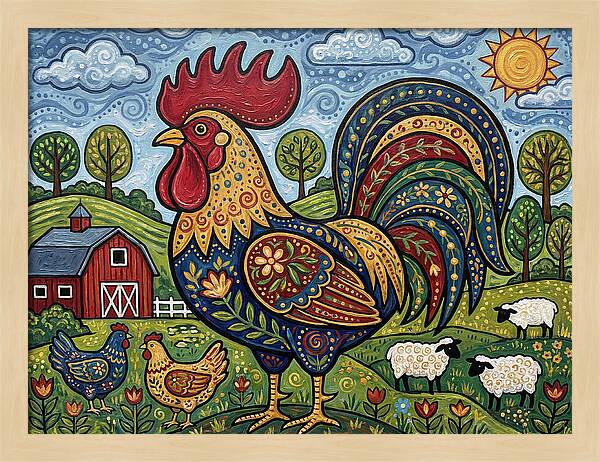 Colorful Rooster In A Pastoral Scene