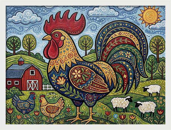Colorful Rooster In A Pastoral Scene