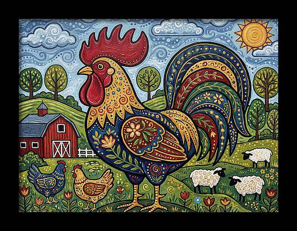 Colorful Rooster In A Pastoral Scene