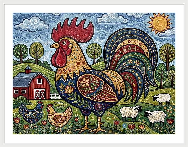 Colorful Rooster In A Pastoral Scene