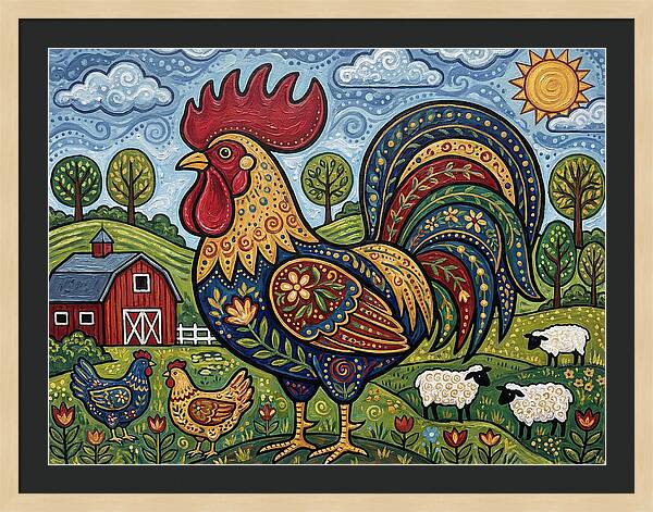 Colorful Rooster In A Pastoral Scene