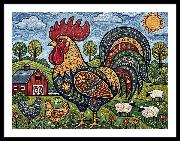 Colorful Rooster In A Pastoral Scene