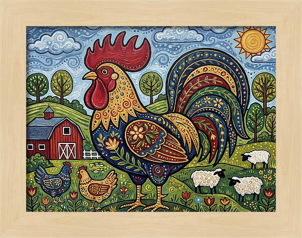 Colorful Rooster In A Pastoral Scene