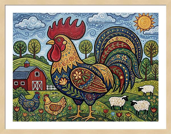 Colorful Rooster In A Pastoral Scene