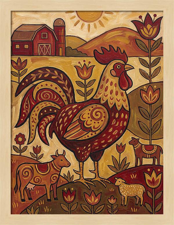 Colorful Rooster In Farm Scene