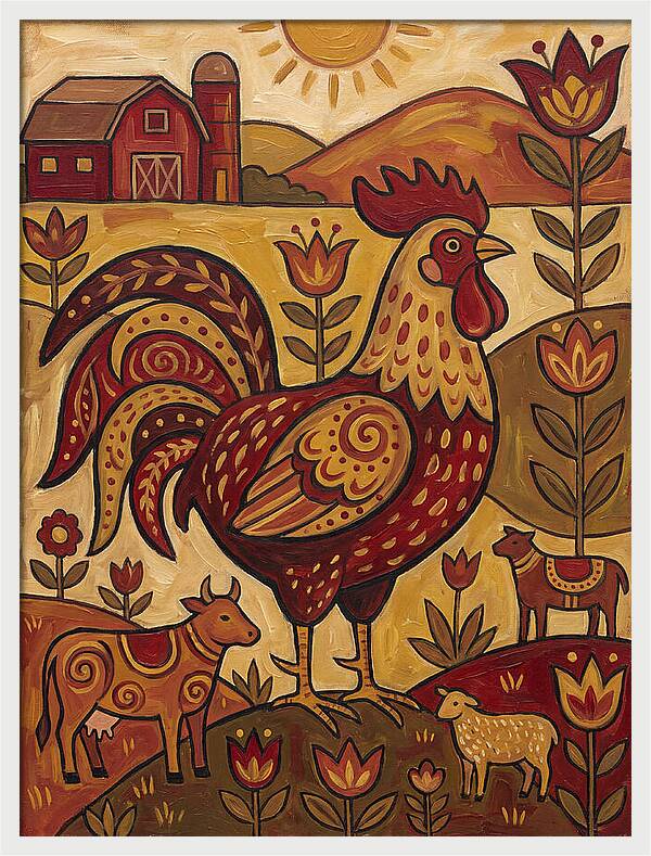 Colorful Rooster In Farm Scene
