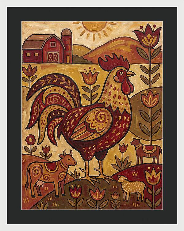 Colorful Rooster In Farm Scene