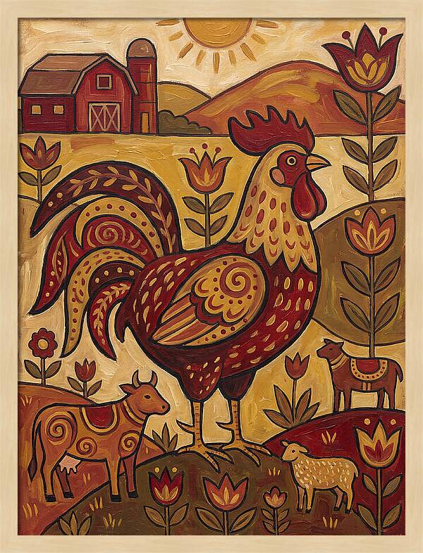 Colorful Rooster In Farm Scene