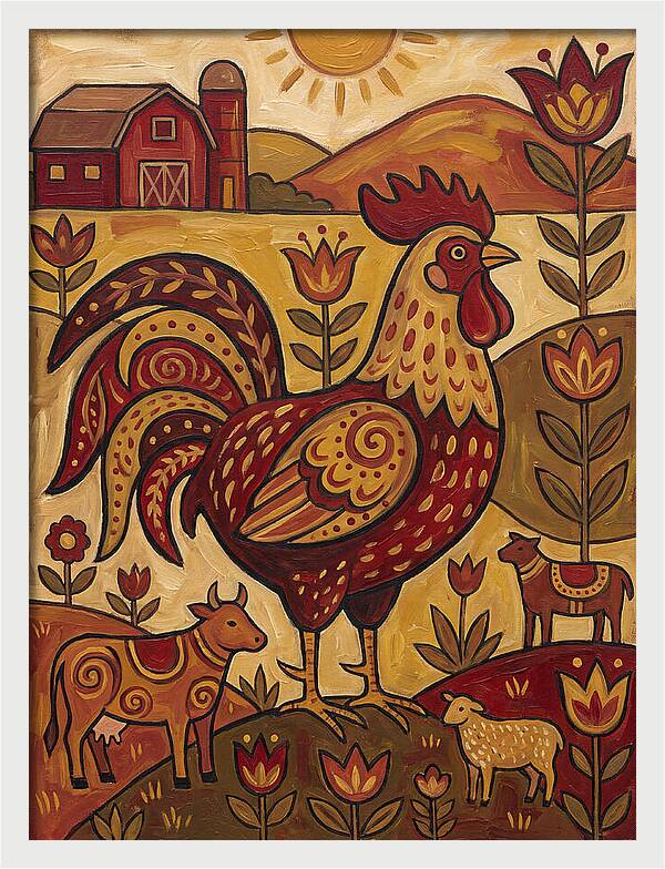 Colorful Rooster In Farm Scene