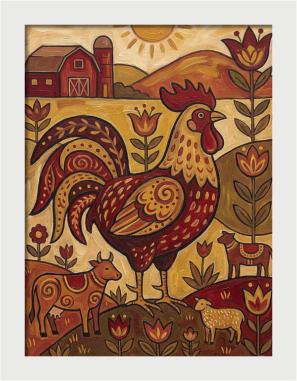 Colorful Rooster In Farm Scene