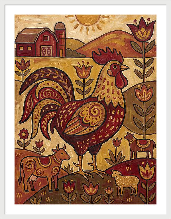 Colorful Rooster In Farm Scene