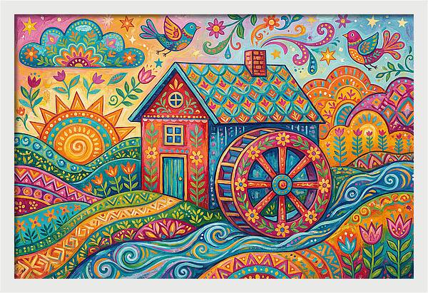 Colorful Water Mill Landscape