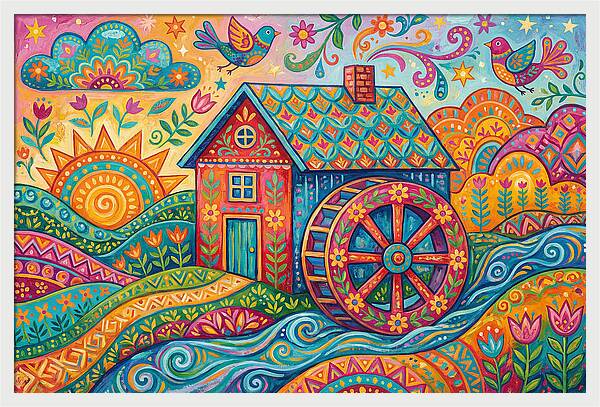 Colorful Water Mill Landscape