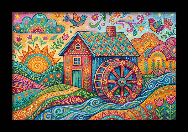 Colorful Water Mill Landscape