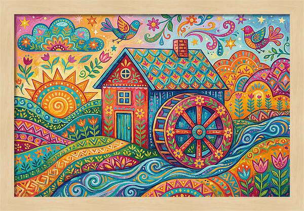 Colorful Water Mill Landscape