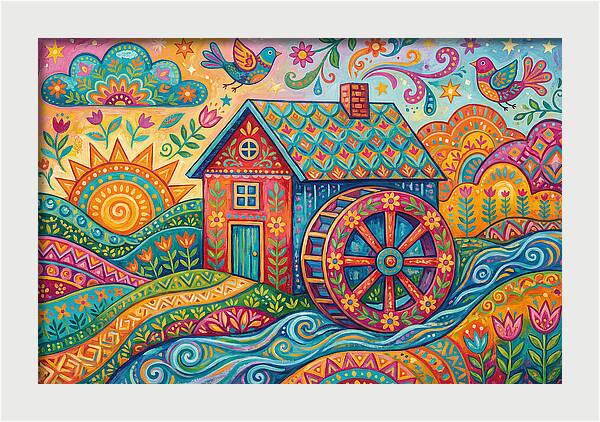 Colorful Water Mill Landscape