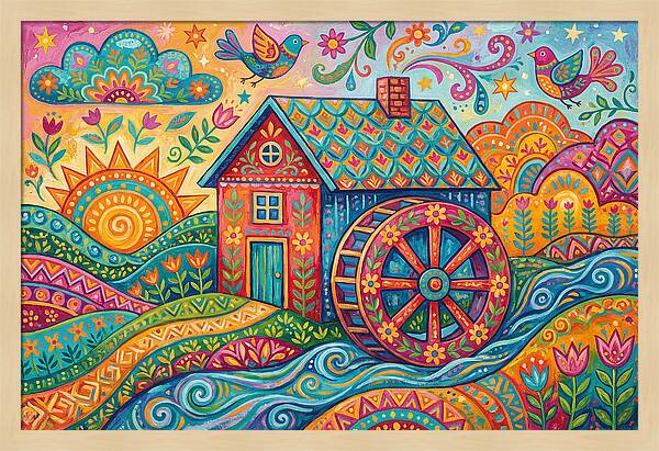 Colorful Water Mill Landscape