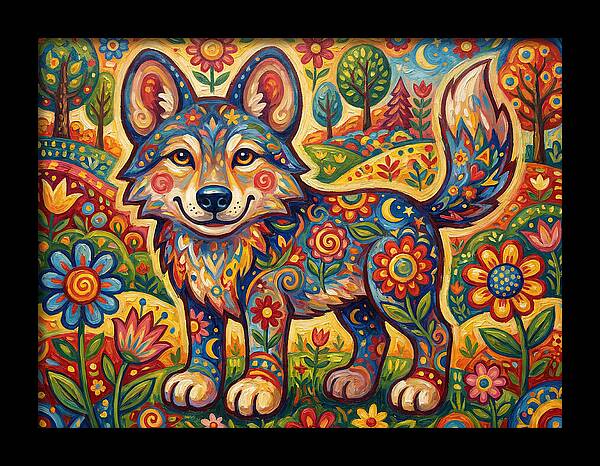 Colorful Wolf Folk Art