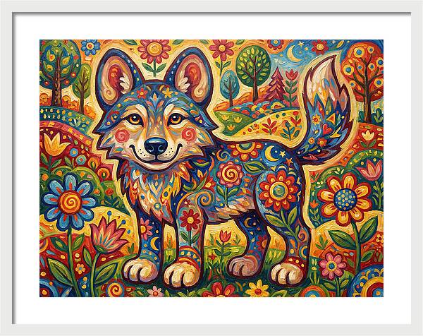 Colorful Wolf Folk Art