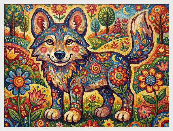 Colorful Wolf Folk Art