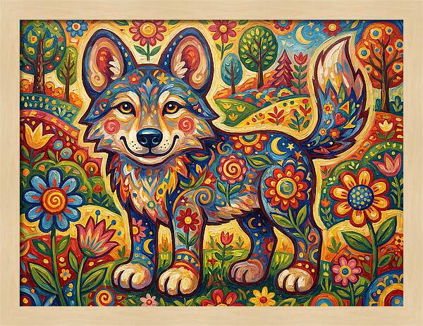 Colorful Wolf Folk Art