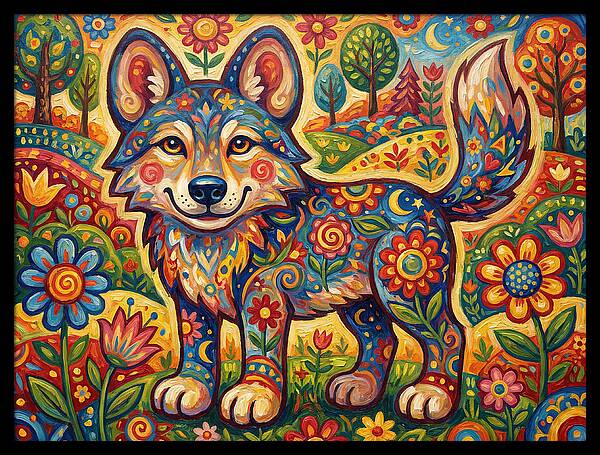 Colorful Wolf Folk Art
