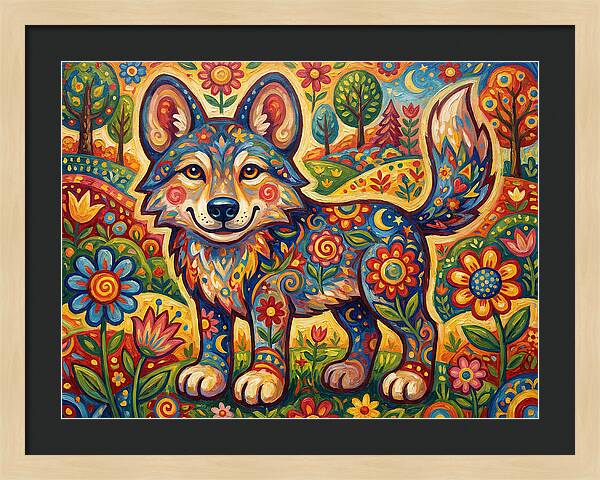 Colorful Wolf Folk Art