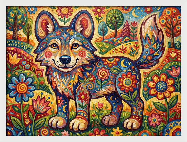 Colorful Wolf Folk Art