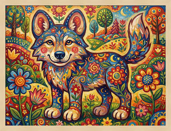 Colorful Wolf Folk Art