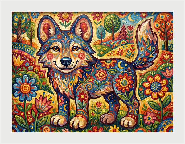 Colorful Wolf Folk Art