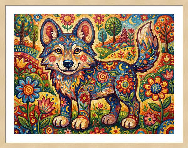 Colorful Wolf Folk Art