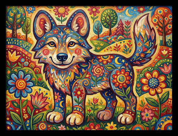 Colorful Wolf Folk Art