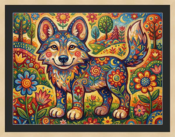 Colorful Wolf Folk Art