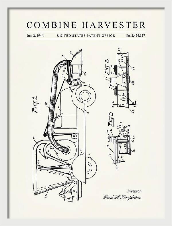 Combine Harvester Minimalist Patent Us2474557a