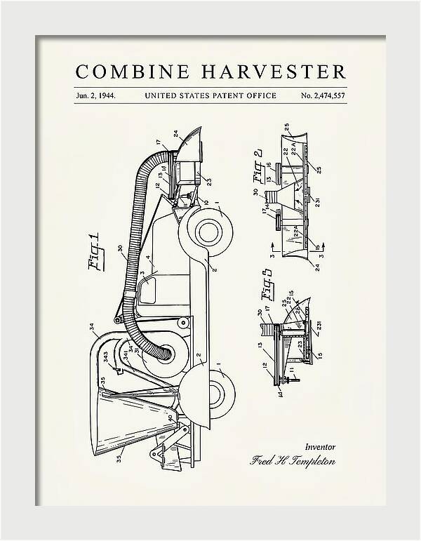 Combine Harvester Minimalist Patent Us2474557a