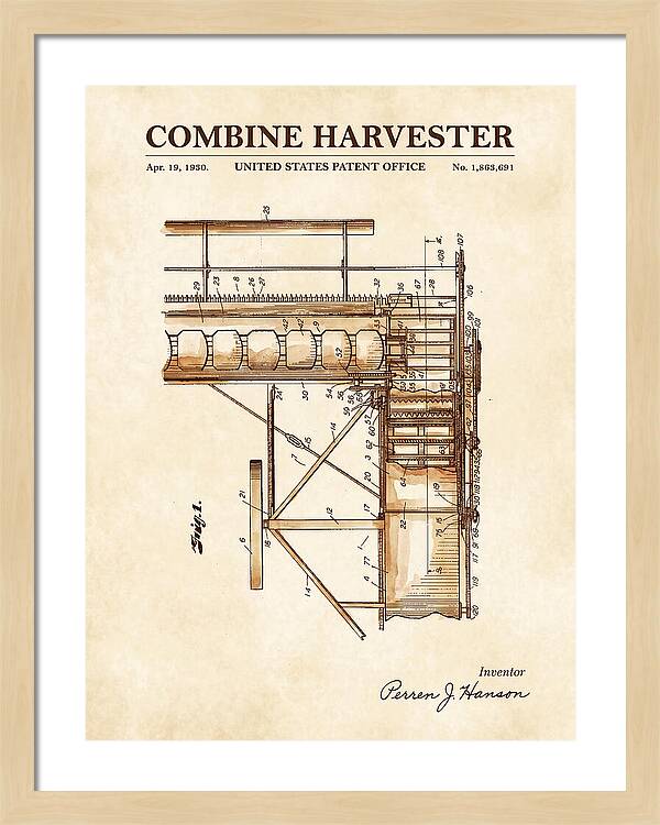 Combine Harvester Watercolor Patent Us1863691a