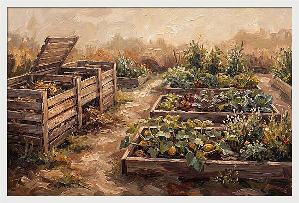 Compost Bins Beside Productive Garden